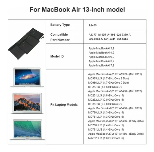 Bateria A1377 A1496 Apple Macbook Air 13 Inch A1466 Early 20 - Imagen 3